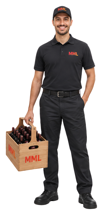MML driver holding a wooden crate of wine