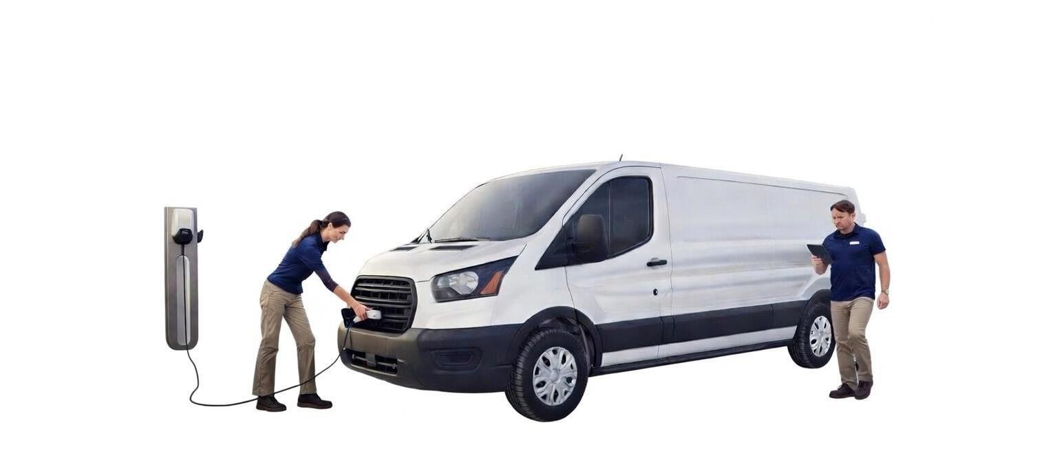 Electric delivery van being charged by fleet team