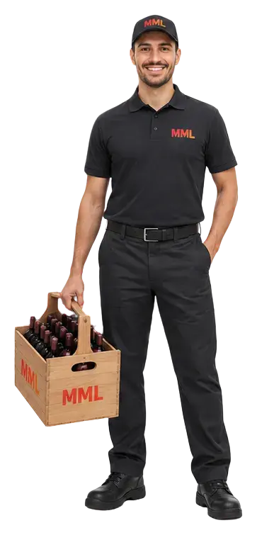 MML driver carrying a wooden crate of wine club bottles